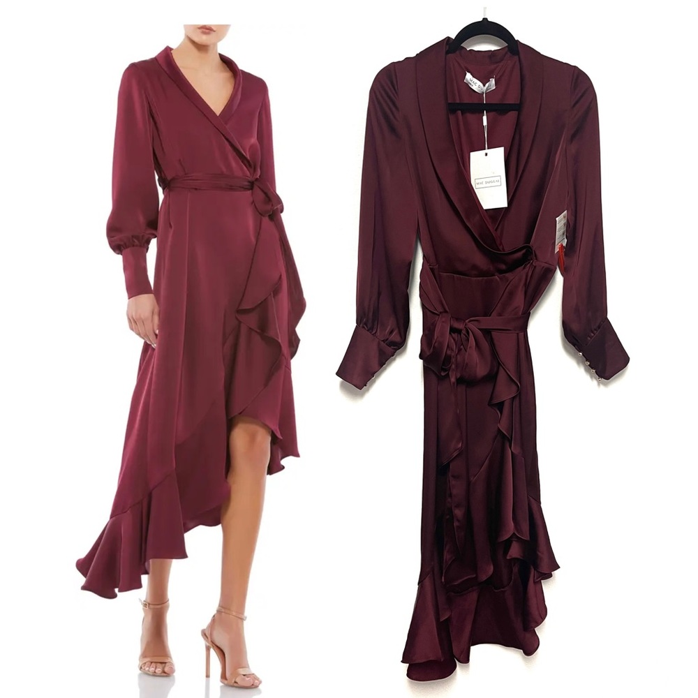 NWT Mac Duggal Ruffle Long Sleeve Faux Wrap Dress - Formal Wedding Guest Prom.